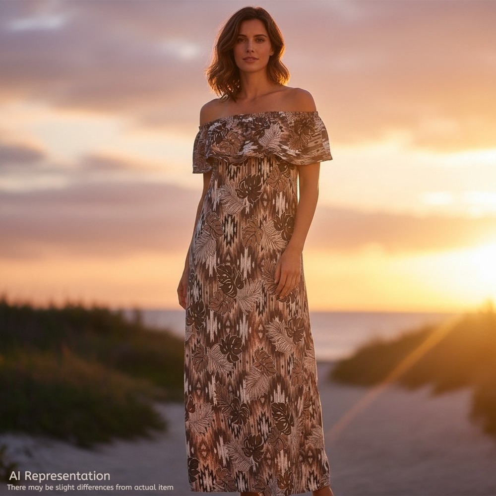 Canoe Club Batik Tropical Ruffle Off Shoulder Maxi Dress 10 Brown Ikat Monstera